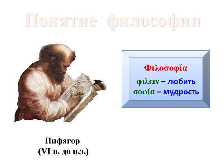 Понятие философии Φιλοσοφία φιλειν – любить σοφία – мудрость Пифагор (VI в. до н.