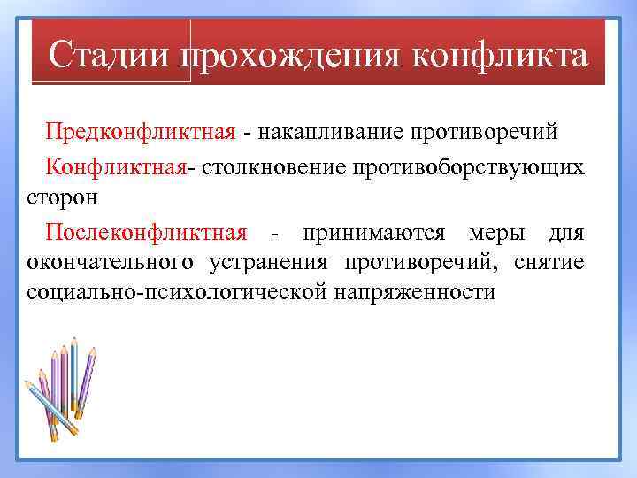 Стадии прохождения конфликта Предконфликтная - накапливание противоречий Конфликтная- столкновение противоборствующих сторон Послеконфликтная - принимаются