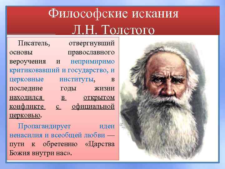 Философские искания Л. Н. Толстого Писатель, отвергнувший основы православного вероучения и непримиримо критиковавший и