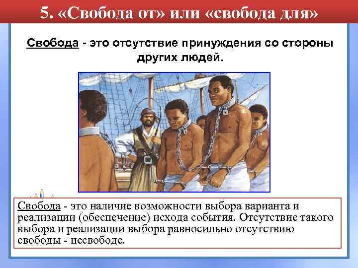 5. «Свобода от» или «свобода для» Свобода - это отсутствие принуждения со стороны других