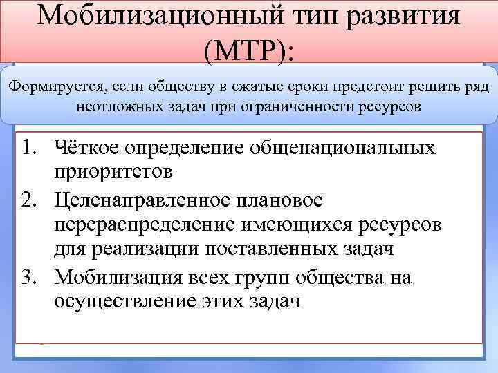 Мобилизационный тип развития (МТР): Формируется, если обществу в сжатые сроки предстоит решить ряд неотложных
