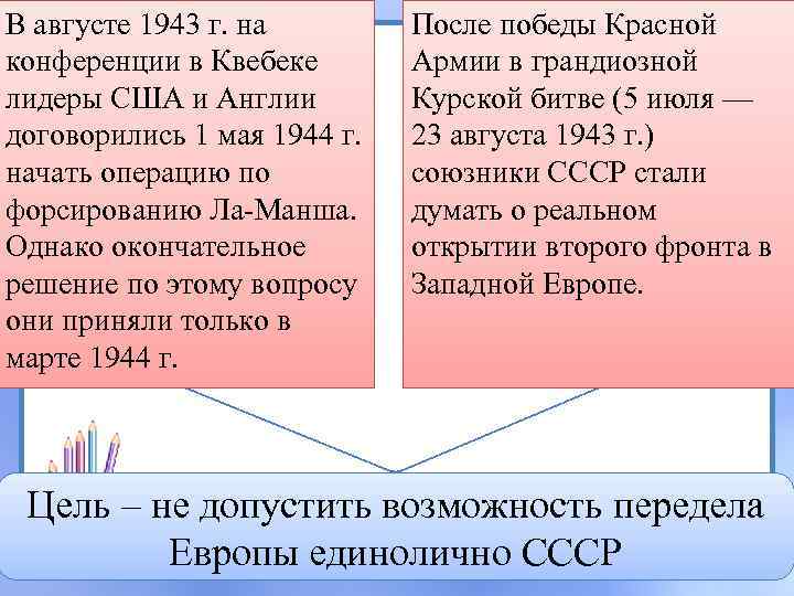 В августе 1943 г. на конференции в Квебеке лидеры США и Англии договорились 1