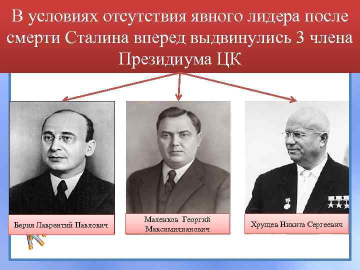 В условиях отсутствия явного лидера после смерти Сталина вперед выдвинулись 3 члена Президиума ЦК