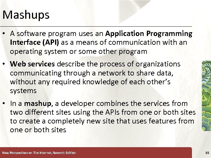 Mashups XP • A software program uses an Application Programming Interface (API) as a