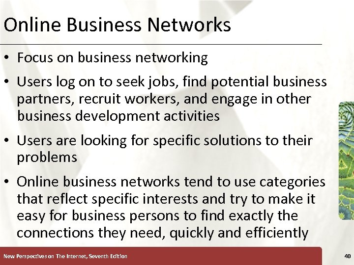 Online Business Networks XP • Focus on business networking • Users log on to