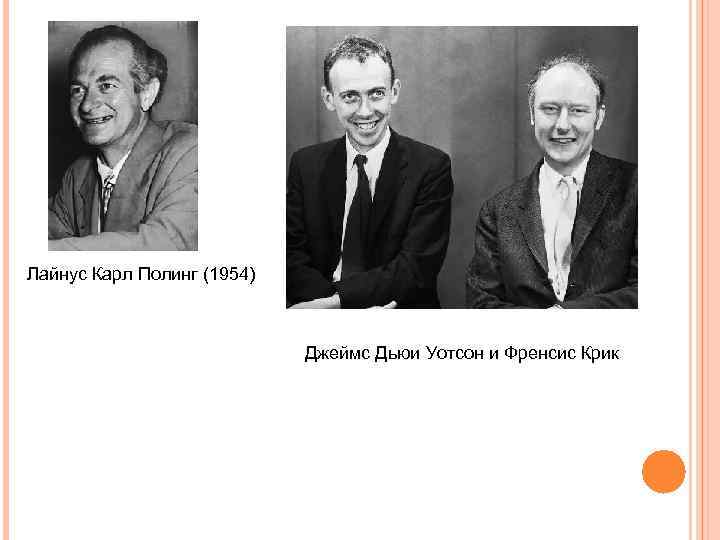 Лайнус Карл Полинг (1954) Джеймс Дьюи Уотсон и Френсис Крик 