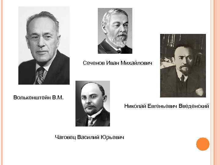 Сеченов Иван Михайлович Волькенштейн В. М. Николай Евгеньевич Введенский Чаговец Василий Юрьевич 