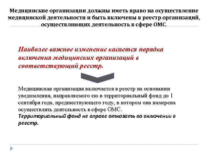 Медицинские организации должны иметь право на осуществление медицинской деятельности и быть включены в реестр