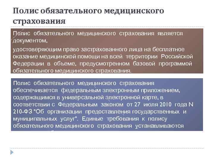 Полис обязательного медицинского страхования является документом, удостоверяющим право застрахованного лица на бесплатное оказание медицинской