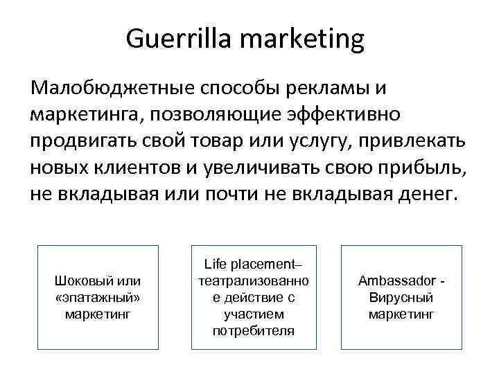 Guerrilla marketing Малобюджетные способы рекламы и маркетинга, позволяющие эффективно продвигать свой товар или услугу,
