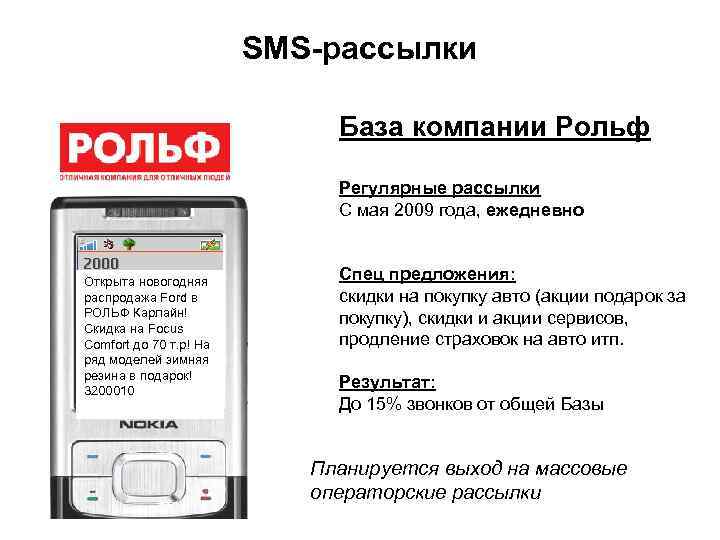 SMS-рассылки База компании Рольф Регулярные рассылки С мая 2009 года, ежедневно МТС «Кузовной ремонт