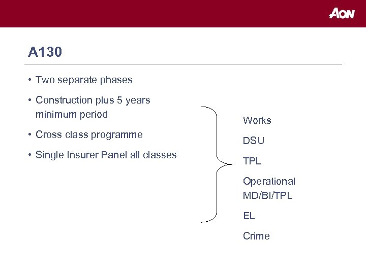 A 130 • Two separate phases • Construction plus 5 years minimum period •
