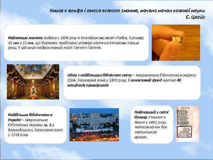 Книга є альфа і омега всякого знання, начало начал кожної науки С. Цвейг Найменша