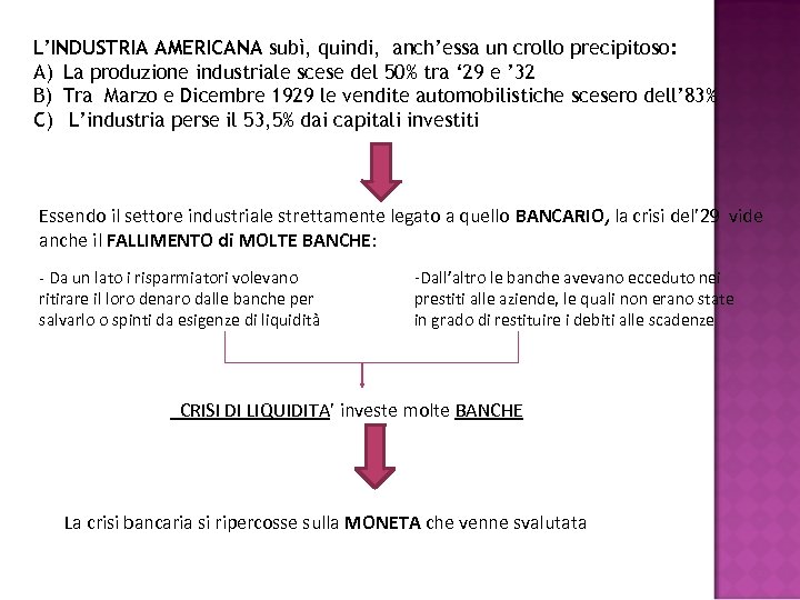 L’INDUSTRIA AMERICANA subì, quindi, anch’essa un crollo precipitoso: A) La produzione industriale scese del