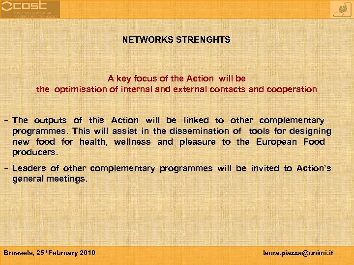 NETWORKS STRENGHTS A key focus of the Action will be the optimisation of internal