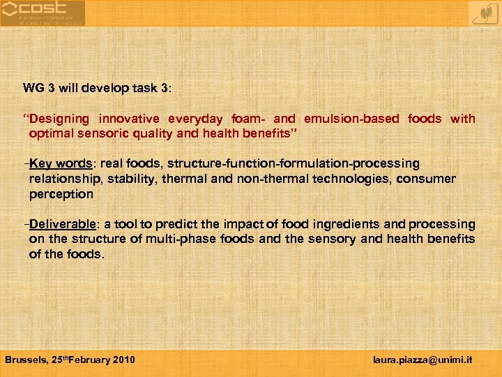 WG 3 will develop task 3: “Designing innovative everyday foam- and emulsion-based foods with