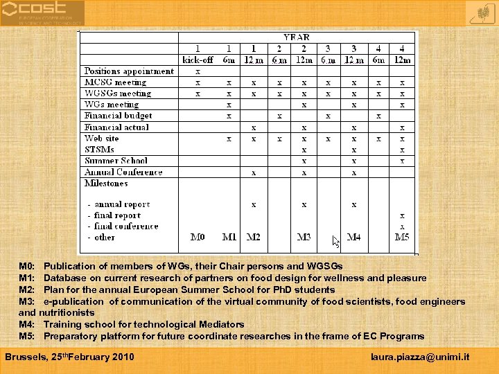 M 0: Publication of members of WGs, their Chair persons and WGSGs M 1: