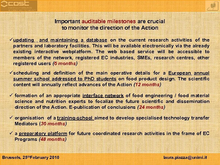 Important auditable milestones are crucial to monitor the direction of the Action üupdating and