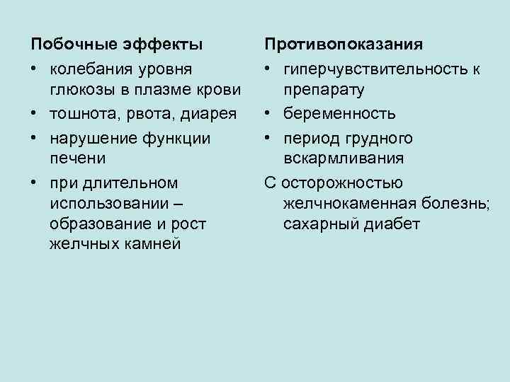 Побочные эффекты • колебания уровня глюкозы в плазме крови • тошнота, рвота, диарея •