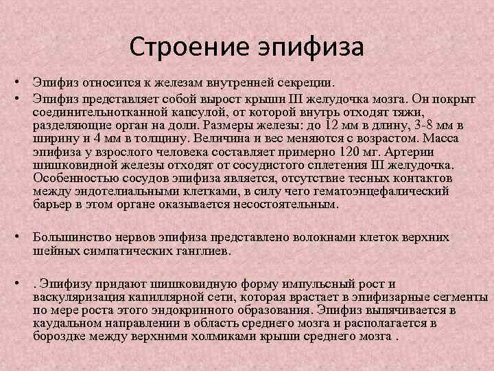 Строение эпифиза • Эпифиз относится к железам внутренней секреции. • Эпифиз представляет собой вырост