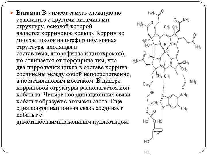  Витамин B 12 имеет самую сложную по сравнению с другими витаминами структуру, основой