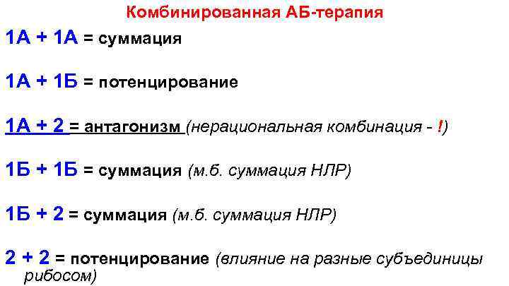 Комбинированная АБ-терапия 1 А + 1 А = суммация 1 А + 1 Б