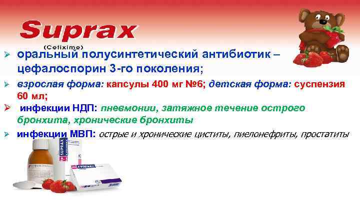 Ø оральный полусинтетический антибиотик – цефалоспорин 3 -го поколения; взрослая форма: капсулы 400 мг