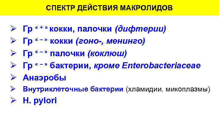 СПЕКТР ДЕЙСТВИЯ МАКРОЛИДОВ Ø Ø Ø Гр « + » кокки, палочки (дифтерии) Гр