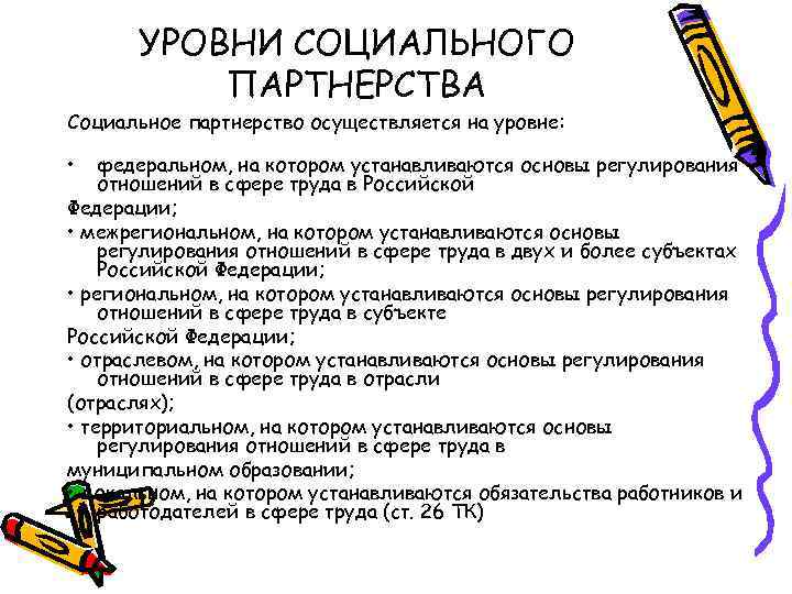 УРОВНИ СОЦИАЛЬНОГО ПАРТНЕРСТВА Социальное партнерство осуществляется на уровне: • федеральном, на котором устанавливаются основы