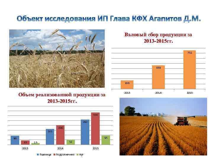 Валовый сбор продукции за 2013 -2015 гг. 752 459 166 Объем реализованной продукции за