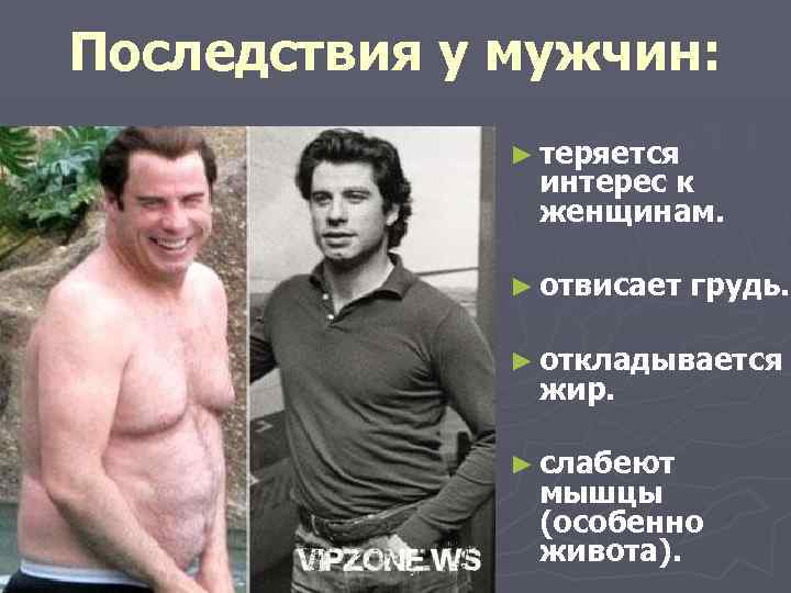 Последствия у мужчин: ► теряется интерес к женщинам. ► отвисает грудь. ► откладывается жир.