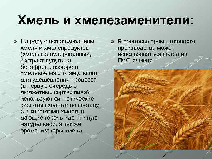 Хмель и хмелезаменители: На ряду с использованием хмеля и хмелепродуктов (хмель гранулированный, экстракт лупулина,
