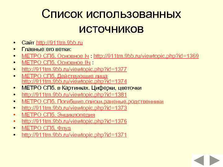Список использованных источников • • • • Сайт http: //911 tm. 9 bb. ru