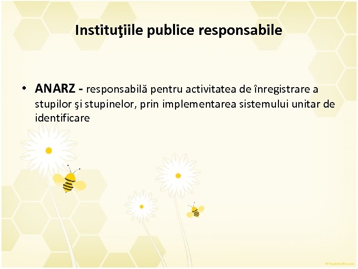 Instituţiile publice responsabile • ANARZ - responsabilă pentru activitatea de înregistrare a stupilor şi