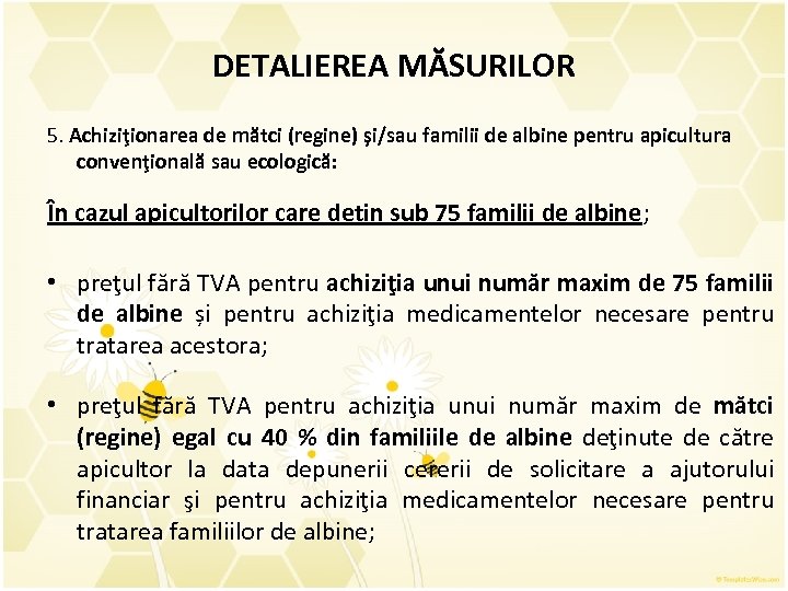 DETALIEREA MĂSURILOR 5. Achiziţionarea de mătci (regine) şi/sau familii de albine pentru apicultura convenţională