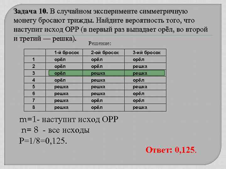 Задача 10. В случайном эксперименте симметричную монету бросают трижды. Найдите вероятность того, что наступит