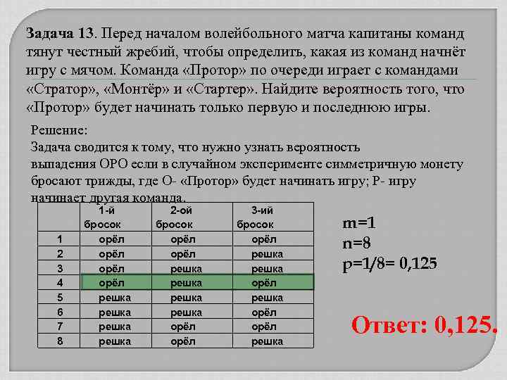 Задача 13. Перед началом волейбольного матча капитаны команд тянут честный жребий, чтобы определить, какая