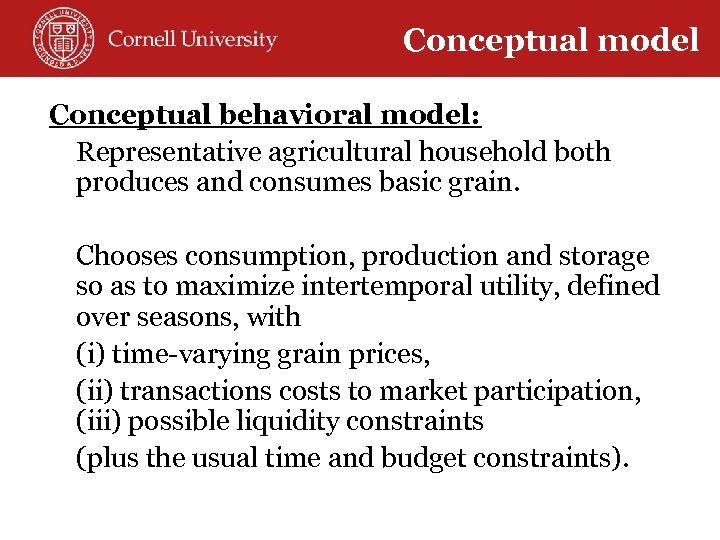 Conceptual model Conceptual behavioral model: Representative agricultural household both produces and consumes basic grain.