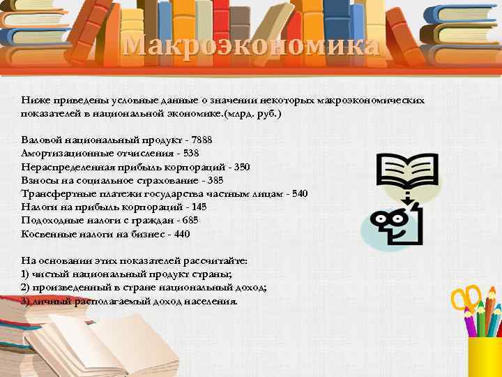 Макроэкономика Ниже приведены условные данные о значении некоторых макроэкономических показателей в национальной экономике. (млрд.