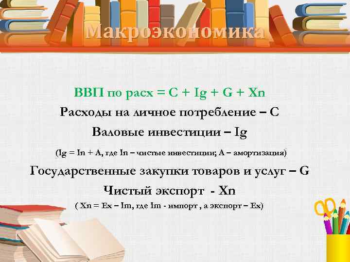Макроэкономика ВВП по расх = C + Ig + G + Xn Расходы на