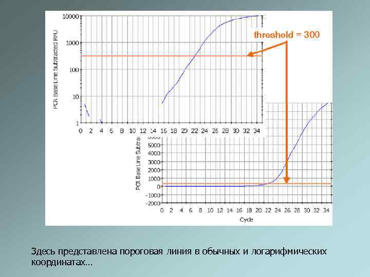 Здесь представлена пороговая линия в обычных и логарифмических координатах… 