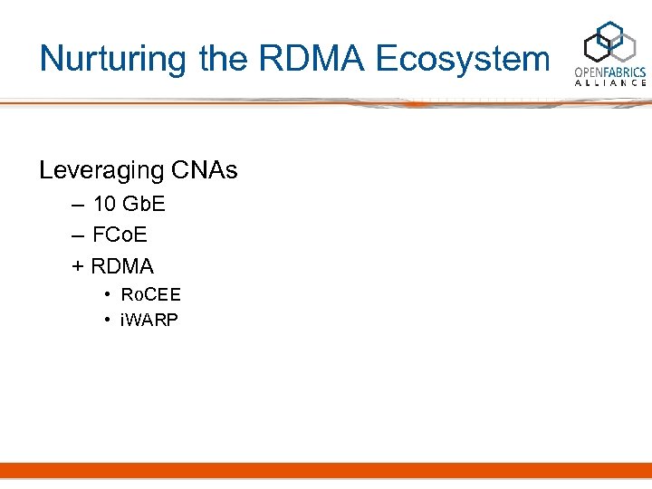 Nurturing the RDMA Ecosystem Leveraging CNAs – 10 Gb. E – FCo. E +