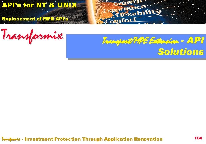 API’s for NT & UNIX Replacement of MPE API’s Transformix Transport/MPE Extension - API