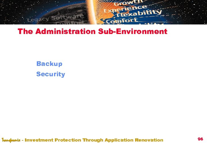 The Administration Sub-Environment Backup Security Transformix - Investment Protection Through Application Renovation 96 