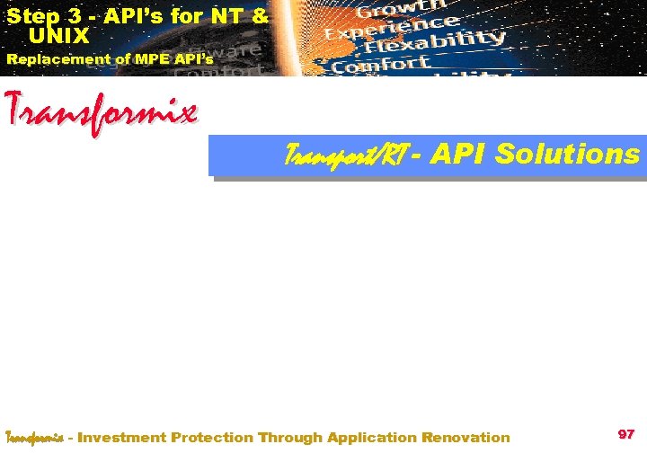 Step 3 - API’s for NT & UNIX Replacement of MPE API’s Transformix Transport/RT