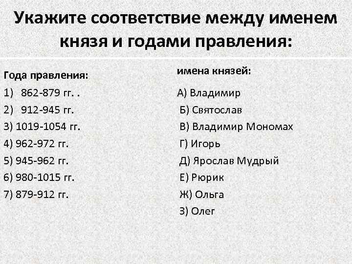 Укажите соответствие между именем князя и годами правления: Года правления: имена князей: 1) 862