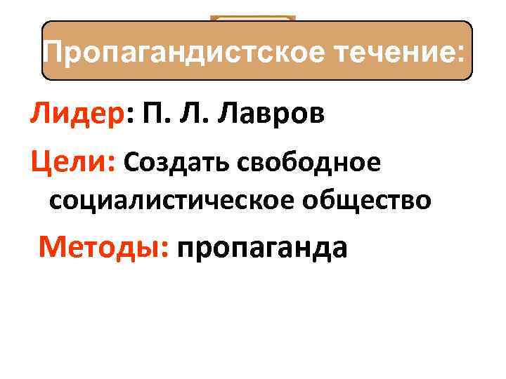 Пропагандистское течение: Лидер: П. Л. Лавров Цели: Создать свободное социалистическое общество Методы: пропаганда 