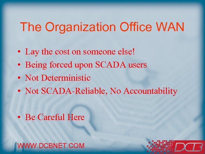 The Organization Office WAN • • Lay the cost on someone else! Being forced