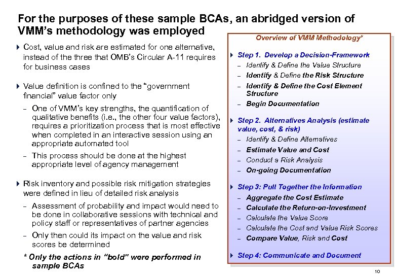 For the purposes of these sample BCAs, an abridged version of VMM’s methodology was