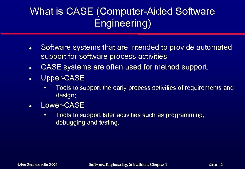 What is CASE (Computer-Aided Software Engineering) l l l Software systems that are intended